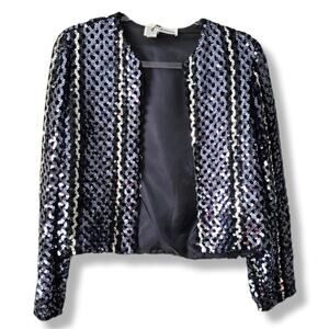 VTG Women Black Silver Sequin Jacket Blazer 8 Club NYE Cocktail Party Holiday